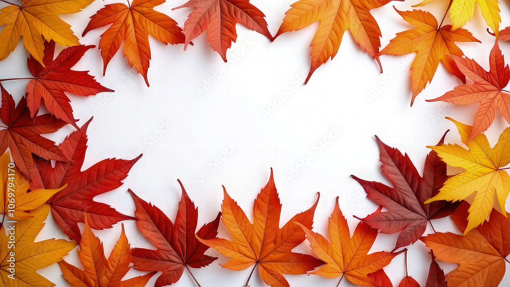 Aerial view of vibrant autumn maple leaves arranged around the edges of a clean white background, creating a natural frame for copy space Aerial view of vibrant autumn maple leaves arranged around the edges of a clean white background, creating a natural frame for copy space
