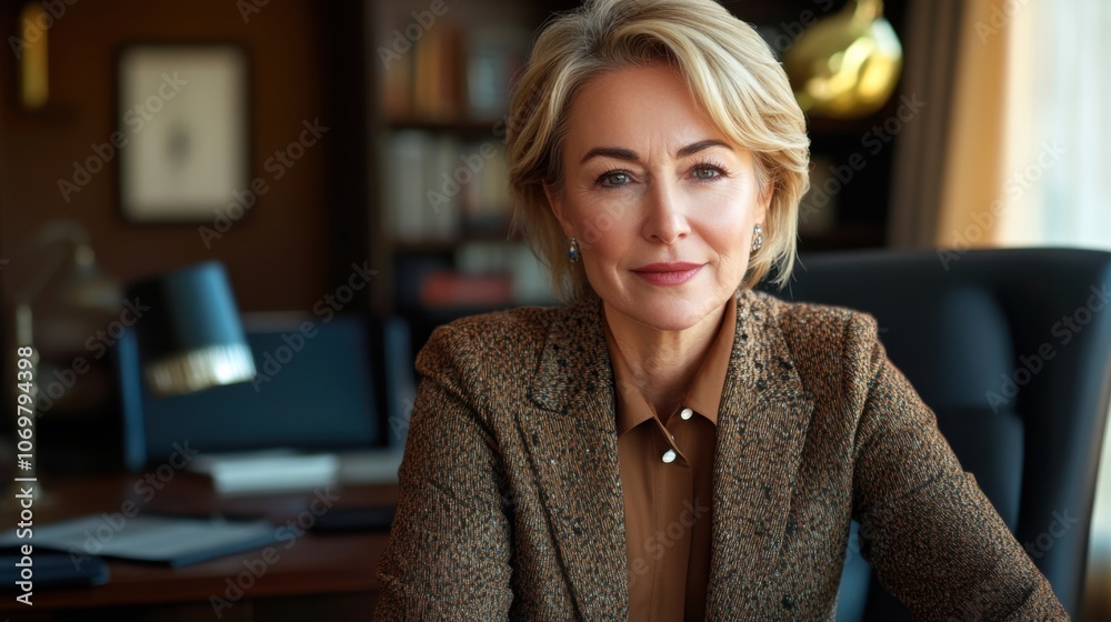 Fototapeta premium Middle-aged businesswoman at work, seated at a desk, professional look, focused expression