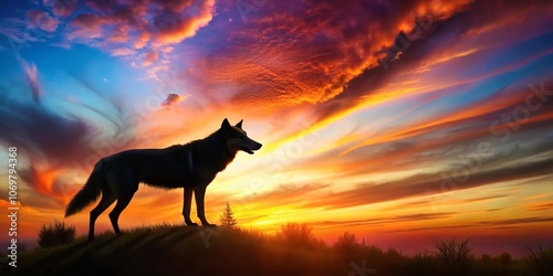 Stunning Silhouette of a Wild Wolf Against a Watercolor Sunset Background, Capturing the Spirit of Nature and Wildlife in an Artistic Expression of a Majestic Predator