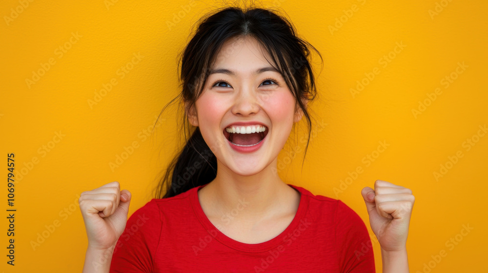 young woman with black hair is joyfully celebrating against vibrant yellow background, expressing happiness and excitement. Her bright smile and raised fists convey sense of triumph and positivity young woman with black hair is joyfully celebrating against vibrant yellow background, expressing happiness and excitement. Her bright smile and raised fists convey sense of triumph and positivity