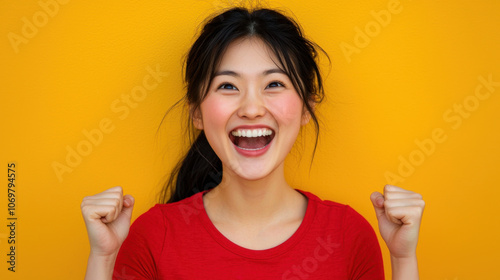 young woman with black hair is joyfully celebrating against vibrant yellow background, expressing happiness and excitement. Her bright smile and raised fists convey sense of triumph and positivity