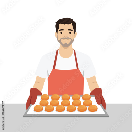 Young baker in professional uniform and chef hat holding baking tray. Flat vector illustration isolated on white background