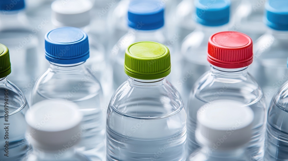 Natural mineral water displayed in transparent plastic bottles showcasing colorful caps and blank labels arranged systematically demonstrating sustainable beverage packaging design concept Natural mineral water displayed in transparent plastic bottles showcasing colorful caps and blank labels arranged systematically demonstrating sustainable beverage packaging design concept