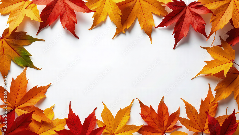 Aerial view of vibrant autumn maple leaves arranged around the edges of a clean white background, creating a natural frame for copy space Aerial view of vibrant autumn maple leaves arranged around the edges of a clean white background, creating a natural frame for copy space