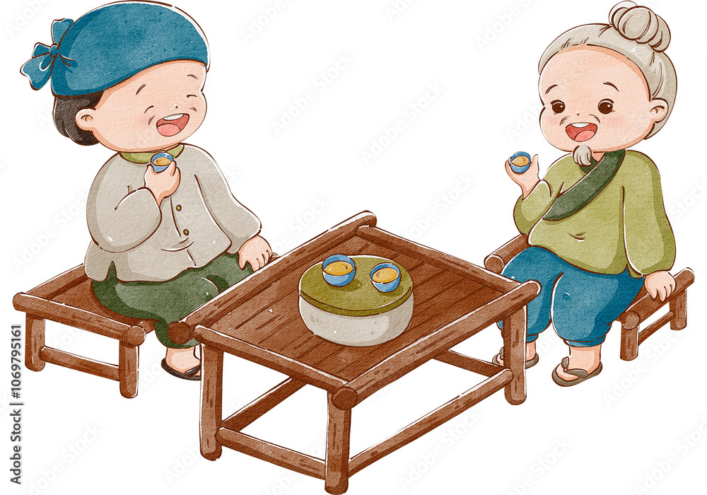 Hand-painted digital illustration of an elderly Chinese man sipping tea with a friend. Hand-painted digital illustration of an elderly Chinese man sipping tea with a friend.
