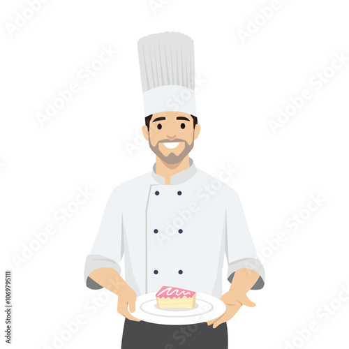 Young baker holding a tray with a slice of cake. Flat vector illustration isolated on white background