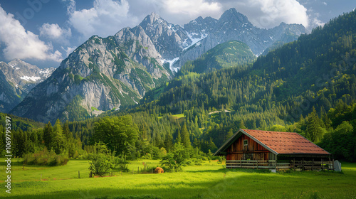 A scenic view of a rustic wooden cabin surrounded by lush green forests and towering mountains under a bright blue sky, showcasing the beauty of nature for landscapes.