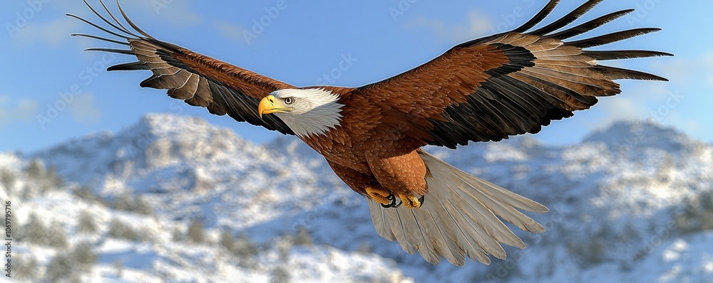 Naklejka premium Majestic Bald Eagle Soaring Over Snowy Mountains