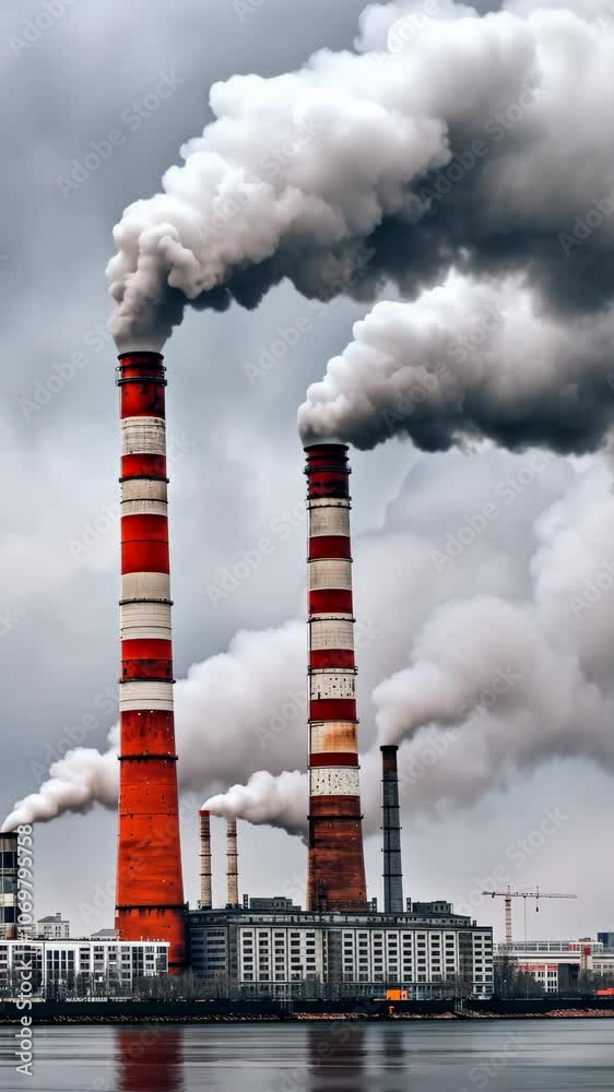 Industrial smokestacks emitting smoke over city skyline, environmental impact concept Industrial smokestacks emitting smoke over city skyline, environmental impact concept