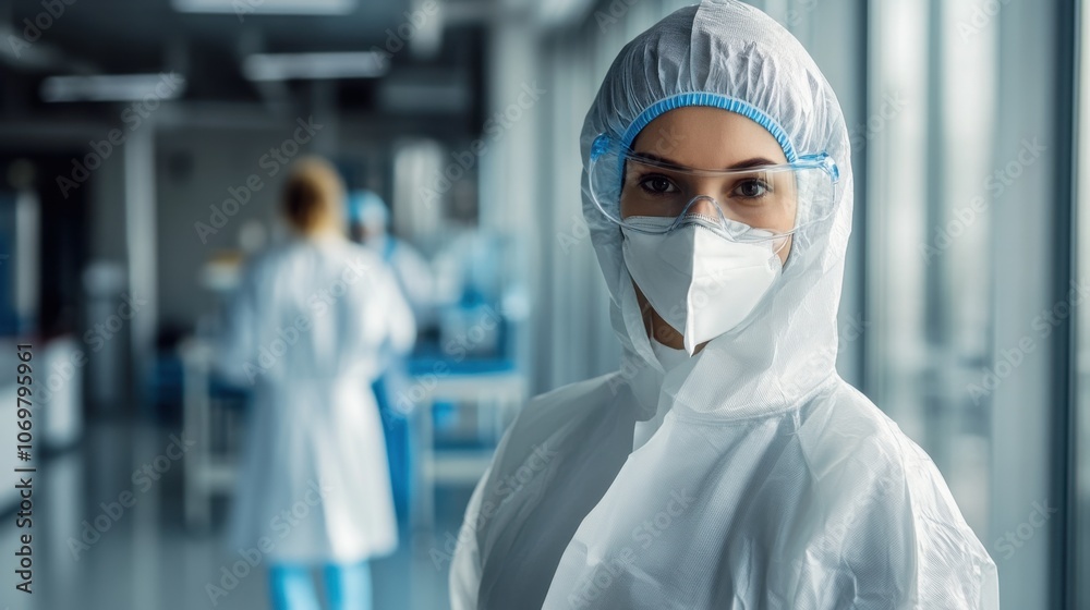 Nurse walking through a medical clinic, fully dressed in protective gear, clinical environment Nurse walking through a medical clinic, fully dressed in protective gear, clinical environment