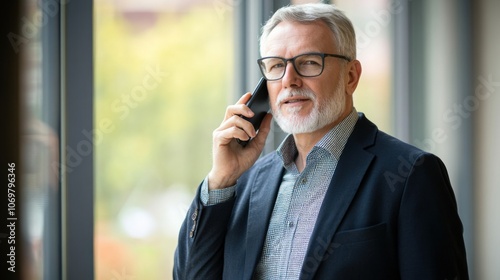 Office leader on a mobile device, standing by a window, dressed formally, working on a business call