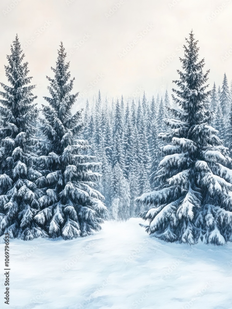 Naklejka premium Watercolor winter coniferous trees forest. Serene snowy scene, landscape with snow covered pines