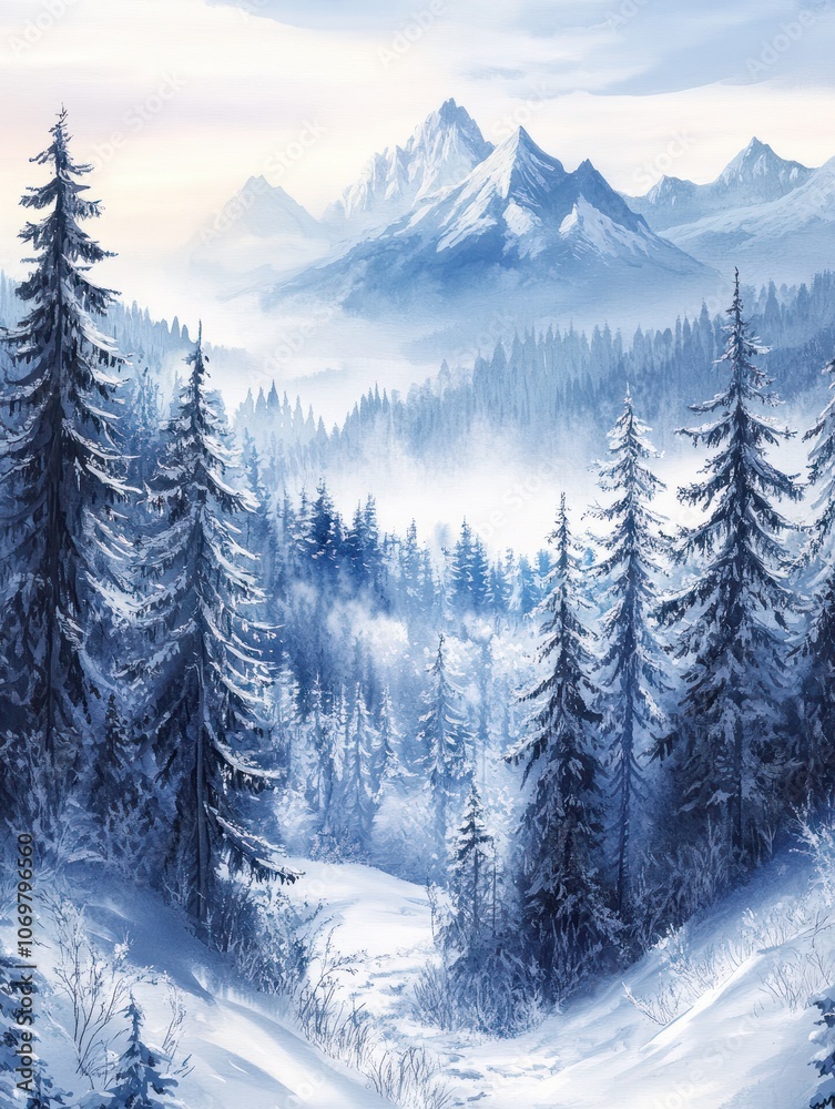 Fototapeta premium Watercolour illustration of winter forest landscape view, wild nature with mountains and trees