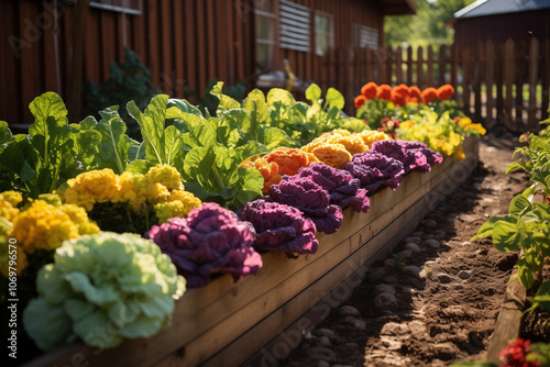 Vibrant backyard garden in full bloom, rows of colorful flowers, leafy green plants, and a weathered wooden fence, sunlight casting soft shadows on the soil photo