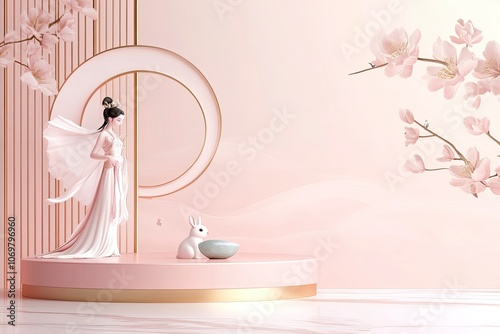 Mid Autumn with fairy Chang'e,The Chinese Goddess of the Moon with rabbit jade,Vector 3D Podium in pink gold Cylinder Stand on marble floor. with generative ai photo