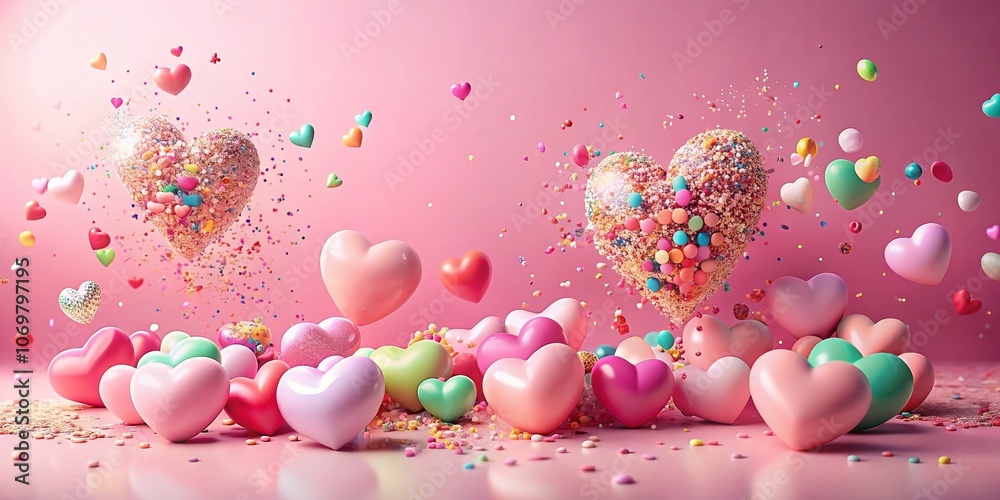 Surreal Composition of Pink Hearts and Confetti on Soft Pink Background with Ample Copy Space for Imaginative Text or Graphic Overlay Surreal Composition of Pink Hearts and Confetti on Soft Pink Background with Ample Copy Space for Imaginative Text or Graphic Overlay
