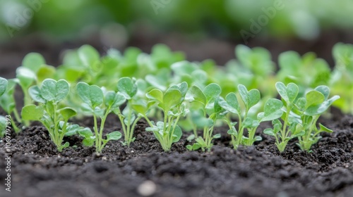 Young green seedling in soil, with a blurred background; suitable for nature themes or gardening content with space for text