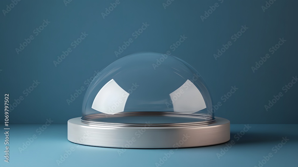 Mockup of a 3D Metallic Podium with Circular Glass Dome on Blue Background, Luxury Product Display in Minimalist and Modern Design for Elegant Showcase or Showroom Mockup of a 3D Metallic Podium with Circular Glass Dome on Blue Background, Luxury Product Display in Minimalist and Modern Design for Elegant Showcase or Showroom