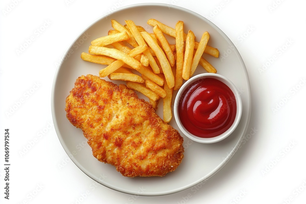 Breaded chicken fillet with fries and ketchup Breaded chicken fillet with fries and ketchup