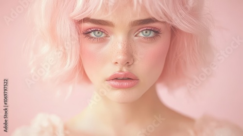 Pink Dream: Portrait of a young woman with pastel pink hair and makeup, ethereal and captivating 