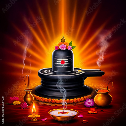 Glowing Shiva Lingam with offerings, symbolizing reverence, devotion, and the spiritual essence of Lord Shiva in Hindu worship photo