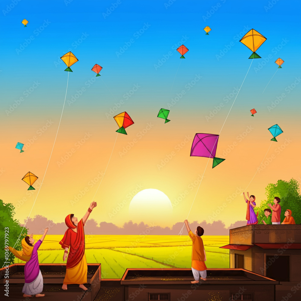Φωτογραφία Sunset scene of Makar Sankranti kite flying with vibrant colors in the sky, capt