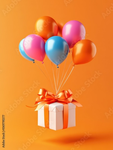 3d illustration gift in a beautiful packaging box, a satin ribbon bow w ith ballons on a orange background. Festive paraphernalia, gift set. , generated by AI.