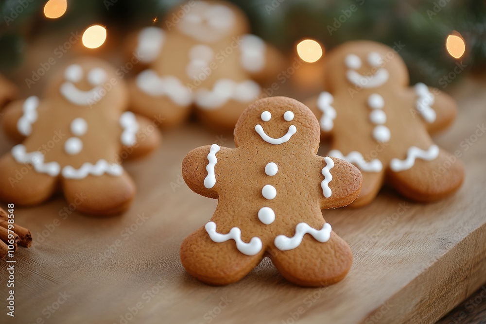 Smiling gingerbread cookies on wooden board Smiling gingerbread cookies on wooden board