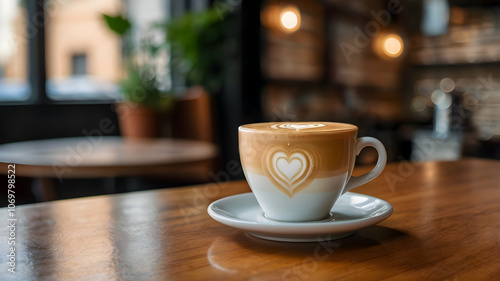 A latte art coffee with a heart design, placed on a small café table with an open notebook, pen, and a cozy, blurred café background