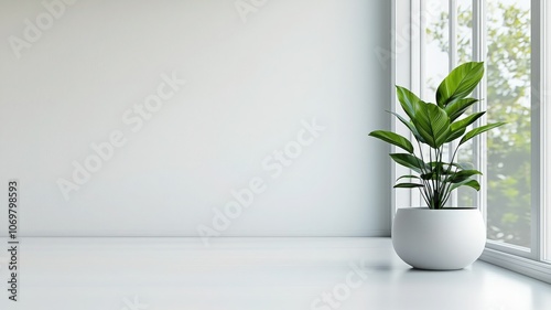 Stylish indoor setting featuring a green plant in a modern pot against a bright, minimalist background with natural light.