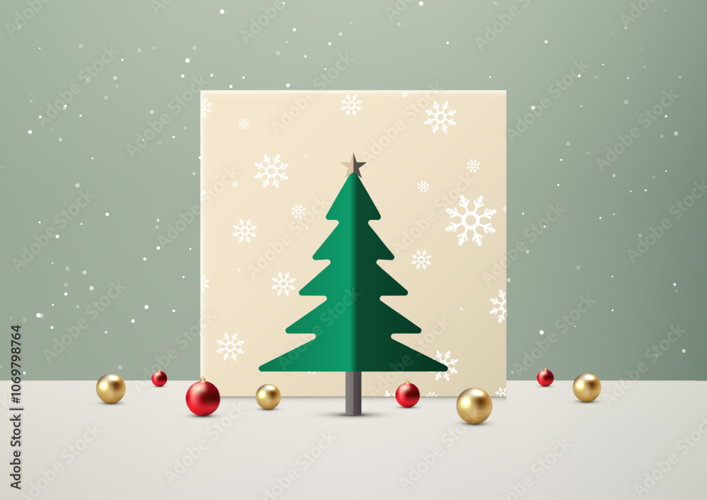 Obraz premium Elegant Christmas Card Design with Green Paper Cut Tree, Gold Star, Red and Gold Ornaments on Snowflake Background for Holiday Display, Showcase, Mockup, and Greeting Cards