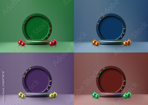 3D of Christmas festive podium on background with a circle backdrop and balls ornament. Perfect for product display, mockups, showrooms