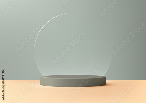 Elegant 3D Gray Pedestal on Soft Orange Surface with Transparent Circle Background, Product Display, Mockup, Showroom Showcase, and Minimalist Branding Design