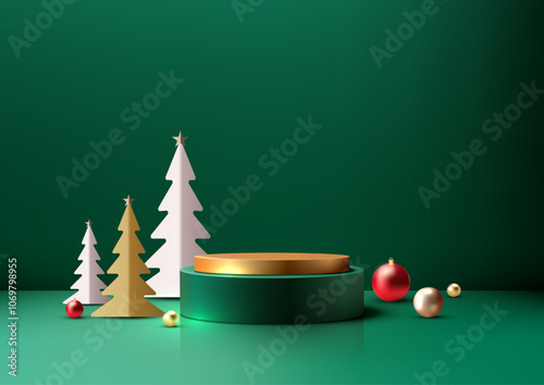Christmas 3D Gold and Green Podium with Stylized Trees on Green Background with Ornaments and Elegant Decoration Scene, Festive Holiday Product Display Mockup