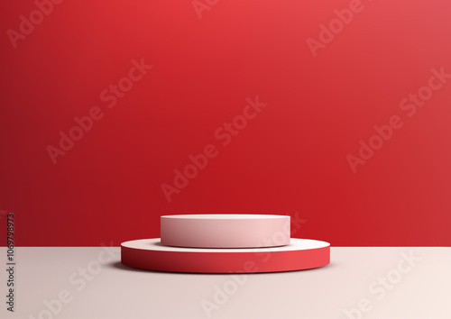 Minimalist 3D Two Tiered Podium with Pink and Red Tones for Product Display on White Floor, Elegant Showcase Background