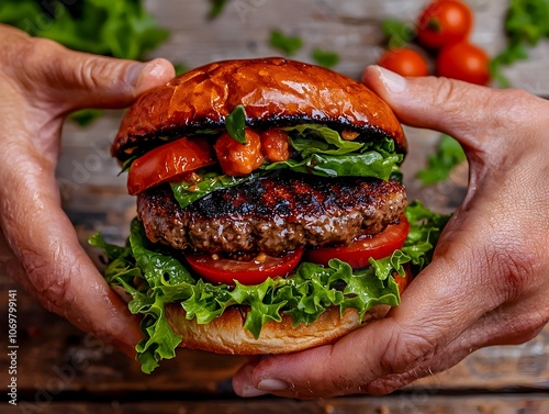 Delicate hands gently cradling a juicy plant based burger with fresh tomatoes and crisp lettuce set against the earthy tones of a rustic wooden table in a minimalist Nordic inspired still life photo