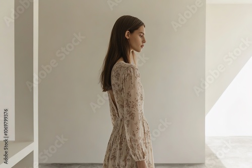 Elegant woman in modest dress, neutral setting, minimalistic sty photo