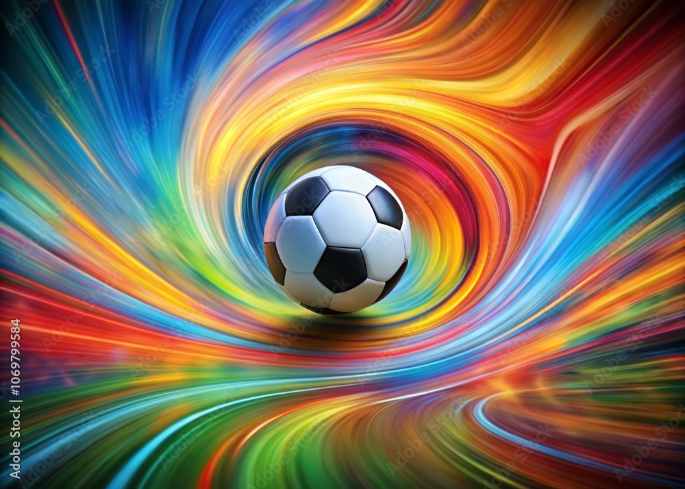 Obraz premium Surreal Soccer Action: A Dynamic Soccer Ball in a Colorful Swirling Background Capturing the Thrill of Motion and Excitement in a Vibrant Game Scene