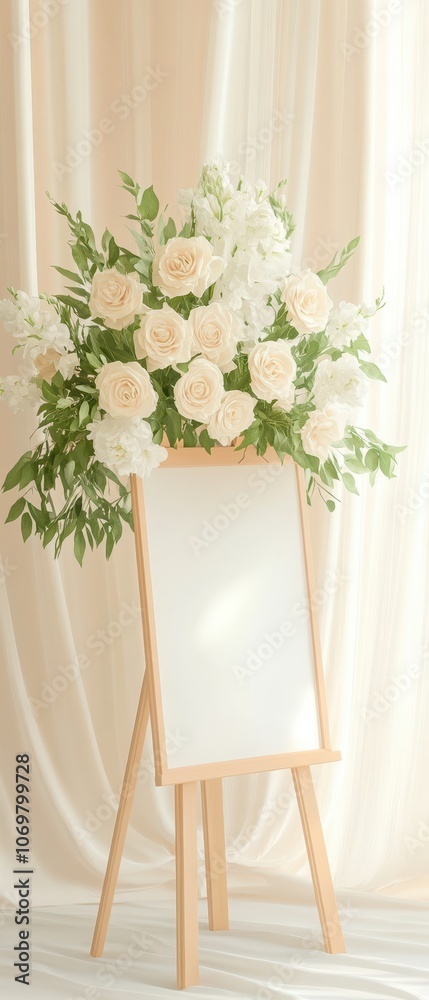 Elegant Wedding Sign with White Roses: A classic wooden easel adorned with a lush bouquet of white roses and greenery, creating a romantic and elegant backdrop for a wedding ceremony or reception. Elegant Wedding Sign with White Roses: A classic wooden easel adorned with a lush bouquet of white roses and greenery, creating a romantic and elegant backdrop for a wedding ceremony or reception.