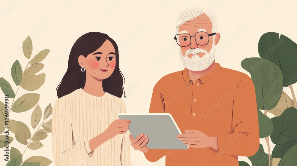 Senior man and young woman engaged in collaborative work, using a tablet for project discussion