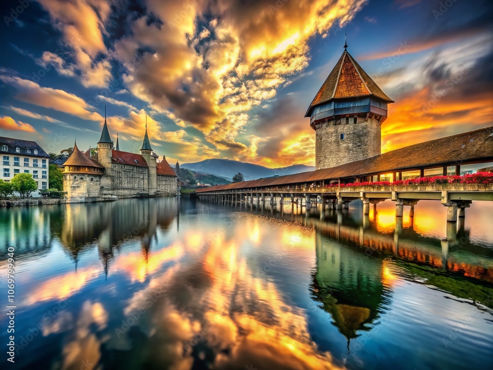 Surreal Vision of Musegg Wall in Lucerne, Switzerland: A Dreamlike Landscape Blending History and Nature with Ethereal Colors and Mysterious Elements