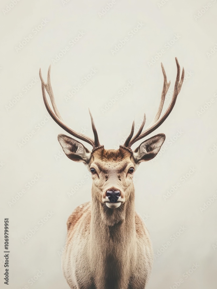 A deer with antlers is standing in front of a white background A deer with antlers is standing in front of a white background