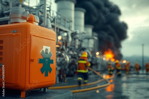 Catastrophic Power Plant Disaster with Firefighters and Paramedics Rushing to Tend the Injured Amidst Mangled Machinery Infrastructure and Thick Black Smoke Obscuring the Sky photo