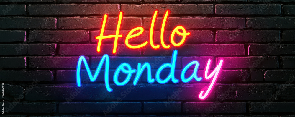 Neon sign saying Hello Monday on dark brick wall, vibrant colors Neon sign saying Hello Monday on dark brick wall, vibrant colors
