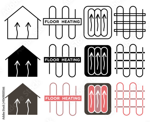 Underfloor heating icon collection on white background