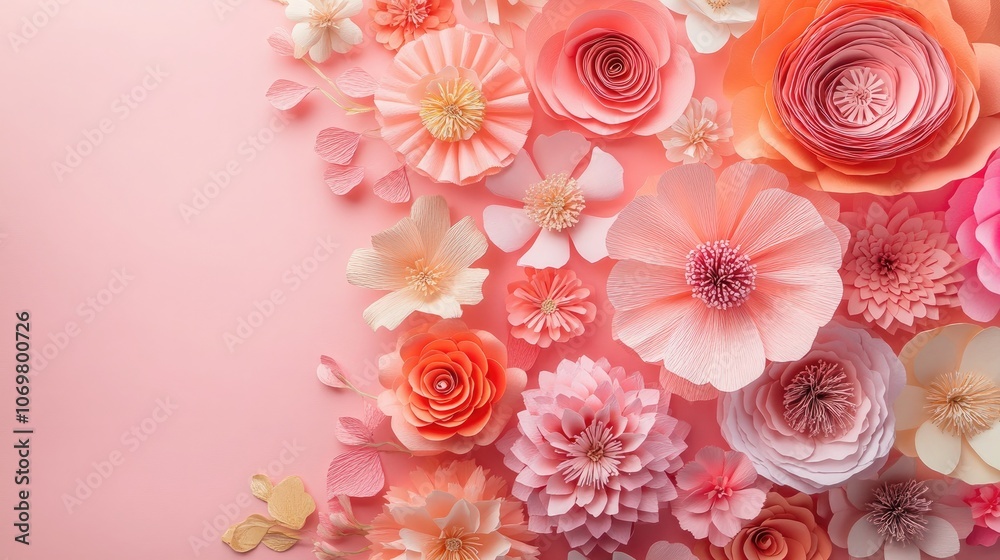 Handcrafted Paper Flowers in Pink and Peach Tones – Delicate Floral Arrangement on a Soft Pink Background, Ideal for Nature, Wedding, or Design Themes with Space for Text and Creative Layouts Handcrafted Paper Flowers in Pink and Peach Tones – Delicate Floral Arrangement on a Soft Pink Background, Ideal for Nature, Wedding, or Design Themes with Space for Text and Creative Layouts