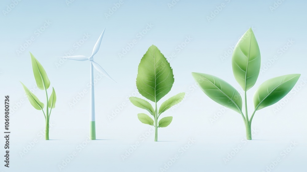 Obraz premium Green Energy Growth: A wind turbine stands tall, symbolizing renewable energy, as a series of green leaves progressively grow, illustrating the positive impact of sustainable practices on our planet.