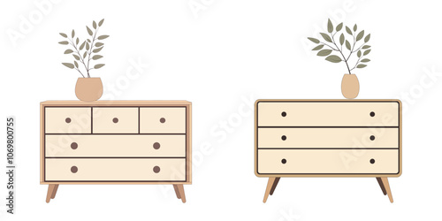 Contemporary ladies' chest of drawers with flowers in a vase. Commode modern. Bedroom interior in a flat style. Furniture for the bedroom and living room. Vector illustration
