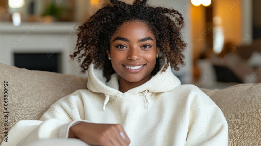 Happy Young Woman in Cream Hoodie Cozy Home Portrait Happy Young Woman in Cream Hoodie Cozy Home Portrait