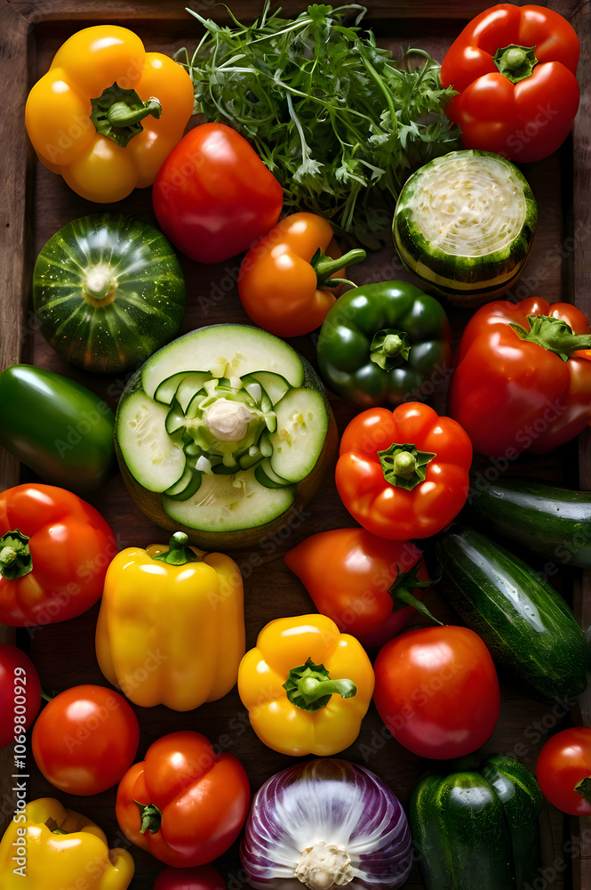 Close-up of an assortment of fresh vegetables, including bell peppers, carrots, zucchini, and cherry tomatoes, artfully arranged on a wooden cutting board Close-up of an assortment of fresh vegetables, including bell peppers, carrots, zucchini, and cherry tomatoes, artfully arranged on a wooden cutting board